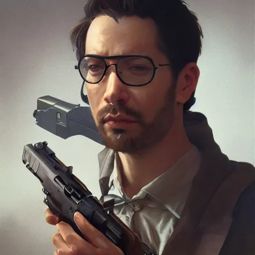 Prompt: a photorealistic portrait of stephane bern holding a gun cinematic lighting, photorealistic, octane render, 8 k, depth of field, 3 d, art by artgerm and greg rutkowski and alphonse mucha and uang guangjian and gil elvgren and sachin ten