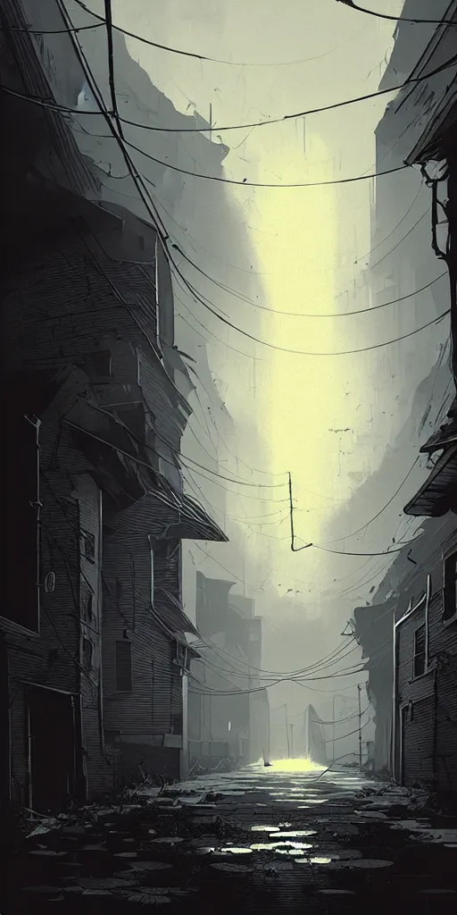 Image similar to abandoned appcalyptic old alley, epic sunlight, perfect lightning and dramatic atmosphere, illustration by niko delort,