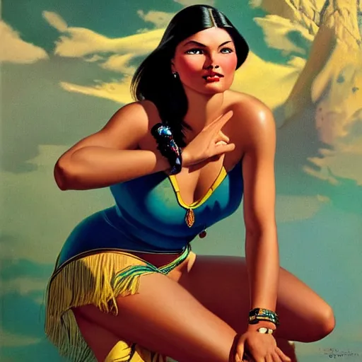 Image similar to portrait of a beautiful pocahontas, expressive pose, symmetrical face, shiny lips, highly detailed, digital painting, smooth, sharp focus, by gil elvgren