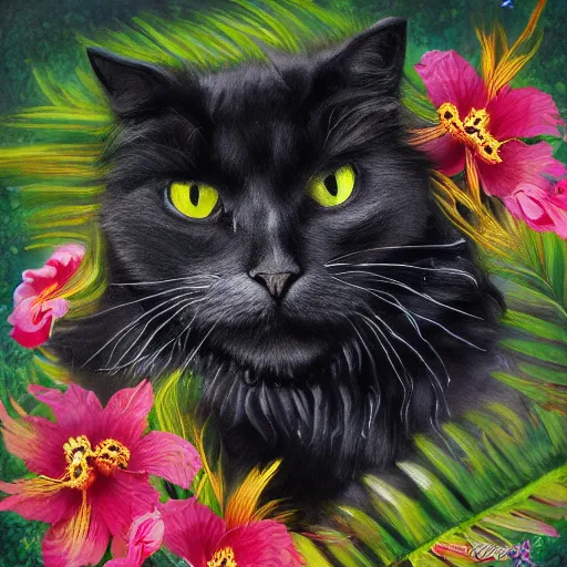 Prompt: oil painting portrait of a long haired fluffy black Cat wearing flower crown and lei necklace on tropical island background digital Art, concept Art, highly detailed, 3-D 4K, trending on art station, Mark Brooks,