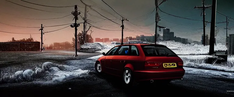 Prompt: Audi A4 B6 Avant (2002), a gritty neo-noir, dramatic lighting, cinematic, eerie person silhouette, death, homicide, homicide in the snow, gunshots, establishing shot, extremely high detail, photorealistic, cinematic lighting, artstation, by simon stalenhag, Max Payne (PC) (2001) winter new york at night, In the style of Max Payne 2 graphic novel, by Saku Lehtinen, flashing lights, Poets of the Fall - Late Goodbye