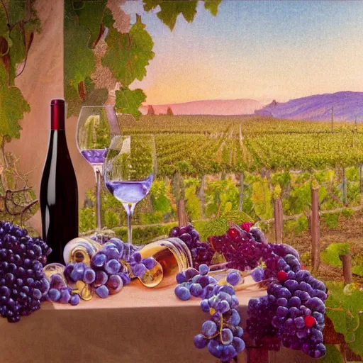 Prompt: sunset, fantasy, grape, bottles of wine with patches of grapes behind ， mucha, 4 k
