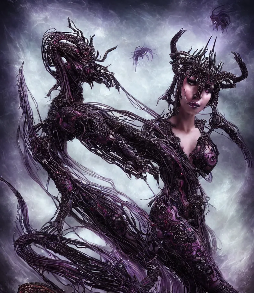 Image similar to close up portrait on the enchanting femenine queen of the zerg, hyper attractive, seductive, very complex, hyper-maximalist, overdetailed, legendary cinematic, darkfantasy, archetype with timeless beauty breathtaking eyes, her spider like legs spread evenly around her framing the image, collossal alien ship in the sky behind her, highly intricate, digital art, very elegant, HDR 8K, biblical art, realism, incomprehensible yet perspicious detail, unbeatable quality, silent hill aesthetic, photorealistic, lifelike, DSLR 8k, unbeatable coherency, Omnious intricate, octane render, created Nixeu & z--ed from deviantart