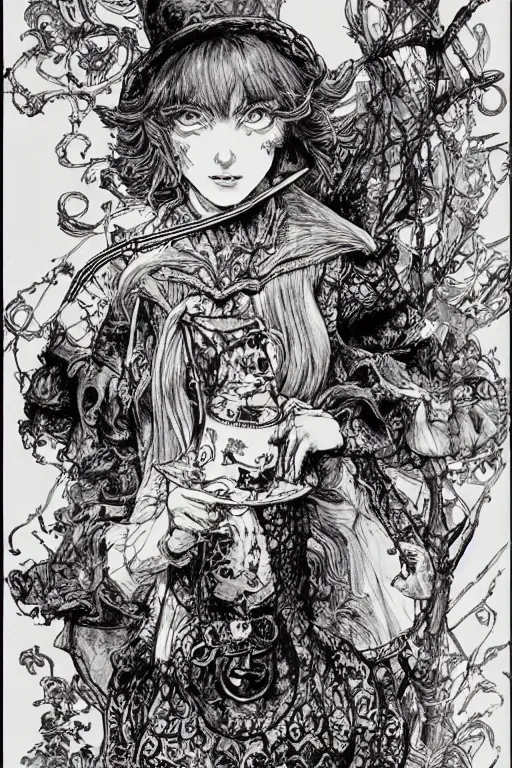 Image similar to happy Alice in wonderland tarot card , pen and ink, intricate line drawings, by Yoshitaka Amano, Ruan Jia, Kentaro Miura, Artgerm, watercolor