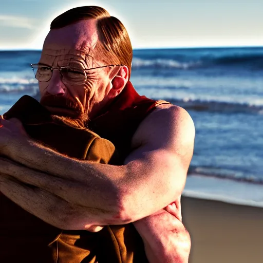 Image similar to Walter White hugging Saul Goodman on the beach, artistic, 8k, cinematic