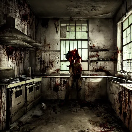 Prompt: kitchen - chef angry rotting zombie, detailled portrait, dilapidated restaurant interior, feeling of grimdark horror, daytime, high contrast, ultra intricate detailed, octane render, unreal engine