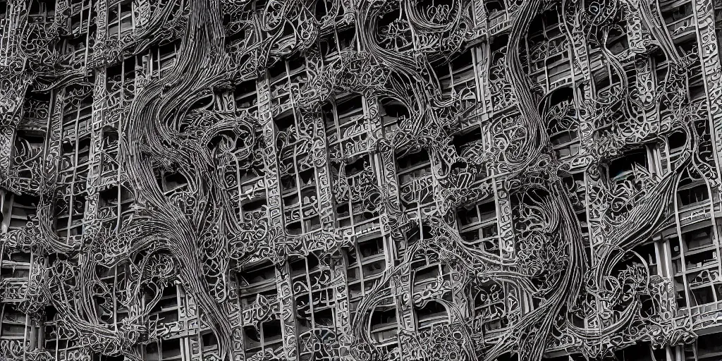 Image similar to elevational photograph of a modern building by Louis Sullivan and H.R. Giger covered in black ironwork vines, Sigma 75mm, ornate, very detailed, hyperrealistic, liminalspaces, Symmetrical composition, centered, intricate, Extreme Long Shot, Dynamic Range, HDR, chromatic aberration, Orton effect, 8k