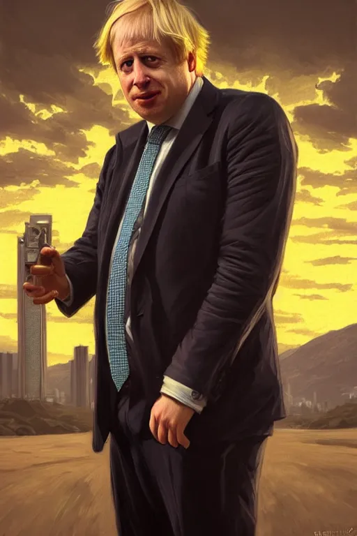 Image similar to Boris Johnson as Saul Goodman, Better Call Saul ad, realistic portrait, symmetrical, highly detailed, digital painting, artstation, concept art, smooth, sharp focus, illustration, cinematic lighting, art by artgerm and greg rutkowski and alphonse mucha