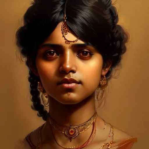 Prompt: Portrait of an indian girl with black hair, brown skin, glowing skin, fantasy, intricate, elegant, highly detailed, digital painting, artstation, concept art, smooth, sharp focus, illustration, art by Krenz Cushart and Artem Demura and alphonse mucha