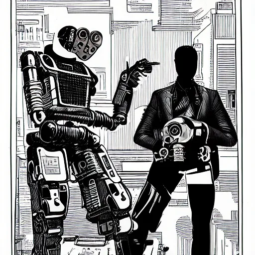 Image similar to a cyberpunk noir of gay robots 1885