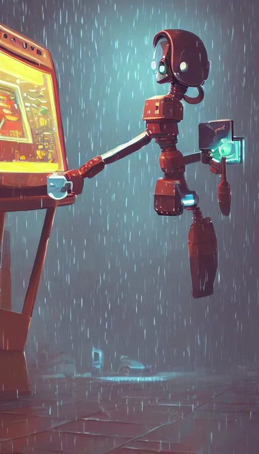 Prompt: videogame cabinet robot asking for coins in the rain, sharp focus, james gilleard, cinematic, game art, extremely detailed digital painting, print