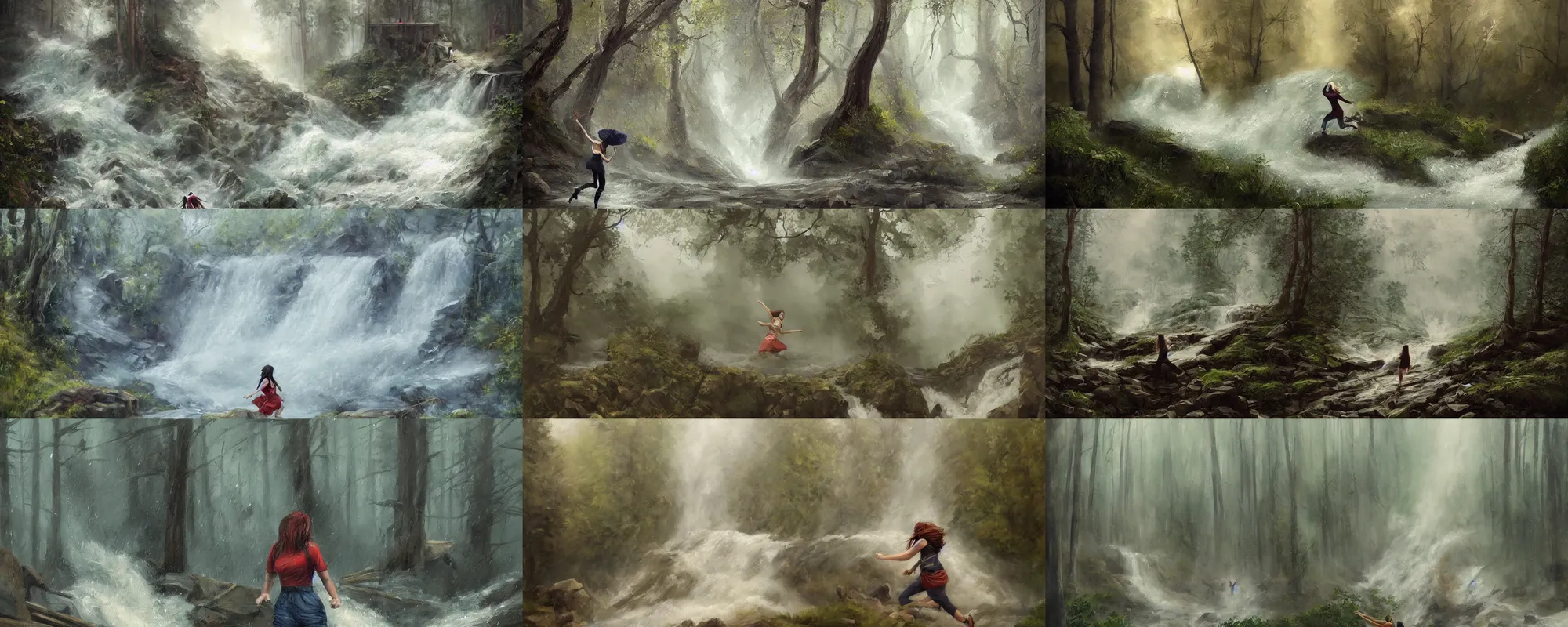 Prompt: beautiful painting of a woman pushing a wall of a huge dam in a forest landscape, raining, trending on artstation