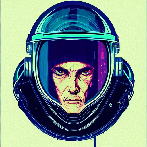 Image similar to close up portrait of a 23rd century Space Pirate by James Jean Dan Mumford Strongstufftom, most wanted, skull helmet, glorious data traveler, Ghost in the shell, Akira, cyberpunk, Blade Runner