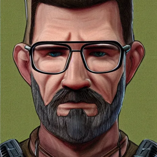 Image similar to ancient art work depicting gordon freeman, 8 k, very detailed, very intricate,