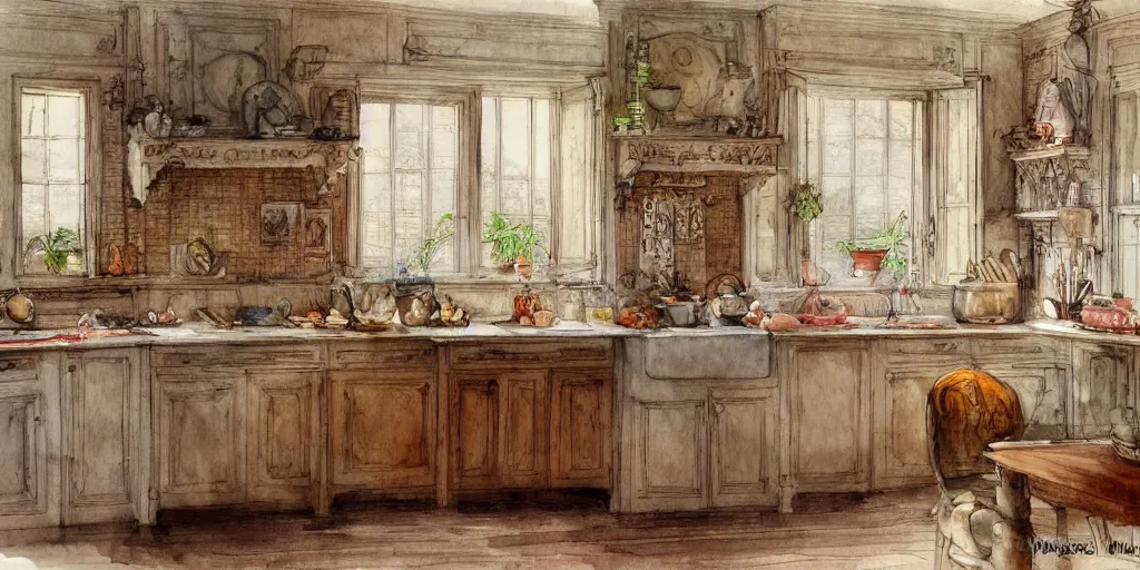 Prompt: a hiper intricate watercolor of a beatiful kitchen, extremely detailed, sharp focus, wide view, smooth, digital illustration, colorfull, by william turner art, by greg rutowski