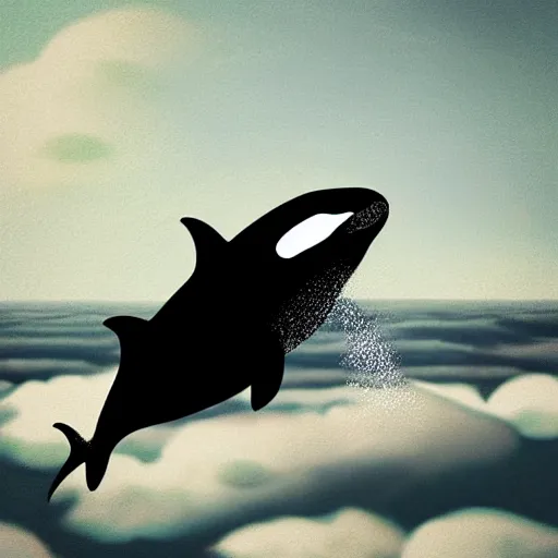 Image similar to “An orca jumping out of a sea of clouds” as digital art