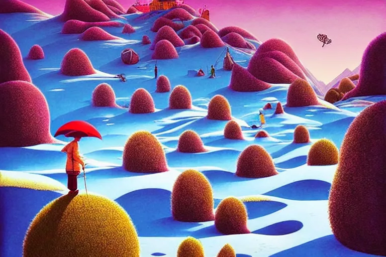 Prompt: surreal glimpse into other universe, himalaya with snow ice cream, summer morning, very coherent and colorful high contrast, art by!!!! gediminas pranckevicius!!!!, geof darrow, floralpunk screen printing woodblock, dark shadows, hard lighting