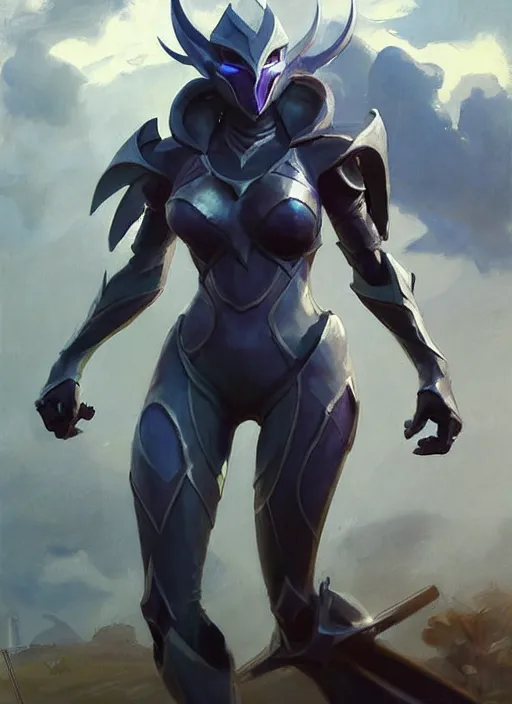 Image similar to Greg Manchess painting of Syndra from League of Legends wearing Forerunner Armor from Halo, countryside, calm, fantasy character portrait, dynamic pose, above view, sunny day, thunder clouds in the sky, artwork by Jeremy Lipkin and Giuseppe Dangelico Pino and Michael Garmash and Rob Rey, very coherent asymmetrical artwork, sharp edges, perfect face, simple form, 100mm