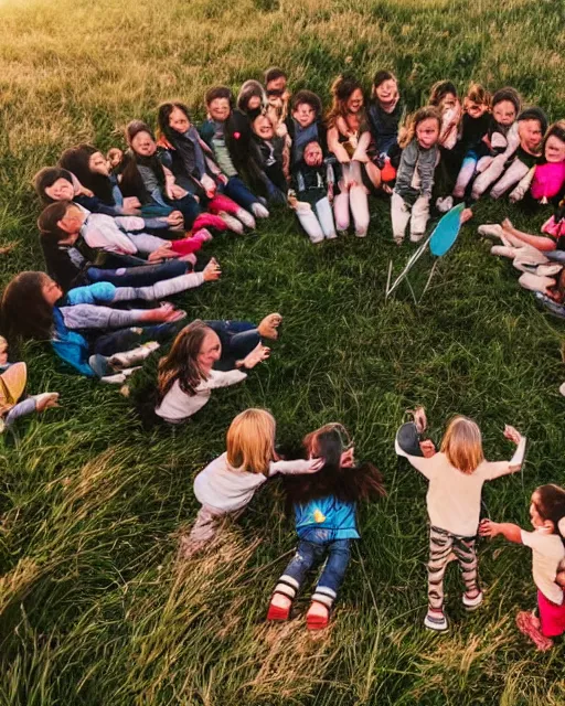 Prompt: hundreds of young children outside in a grassy field hold hands, forming a circle underneath a gigantic silver chalice shaped spaceship, golden hour, mysterious, ethereal, cinematic