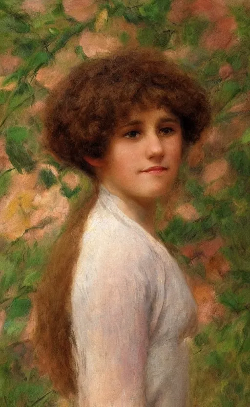 Image similar to portrait of a young woman!! daydreaming! brown fuzzy!!! hair, short hair!! green wallpaper background! by eugen von blaas