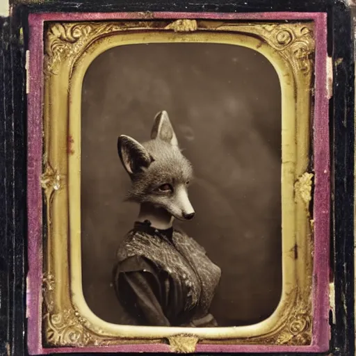 Prompt: a wet plate photo of an anthropomorphic fox dressed as maid marian - h 7 6 0