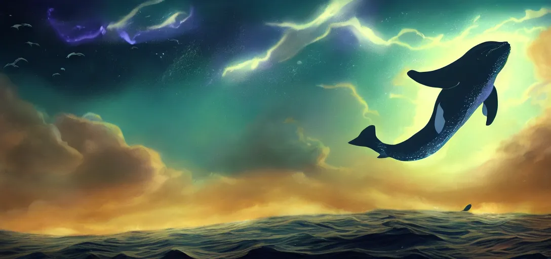 Image similar to a whale flying above the sea, glowing fish underneath the sea, cosmic sky, concept art, trending on artstation, soft lightning