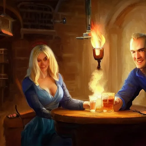 Image similar to blonde woman and Jango Fett drinking beer in a cellar, romantic, cozy, inviting, love, torches, painting by Vladimir Volegov