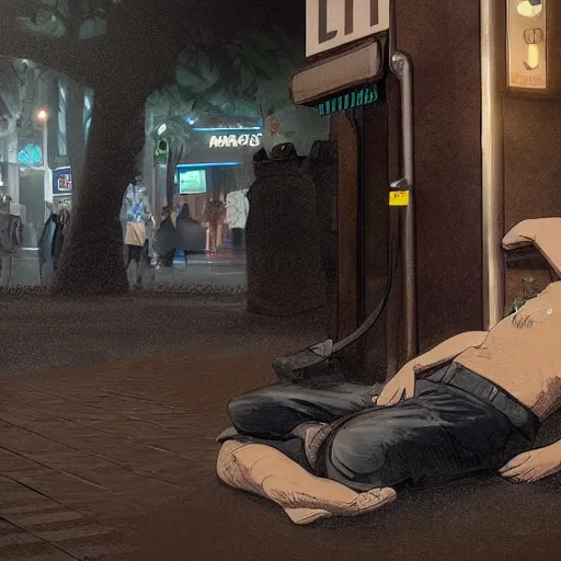 Prompt: A stunning digital masterpiece of a drunk man, he is blacked out under a bus stop, artstation