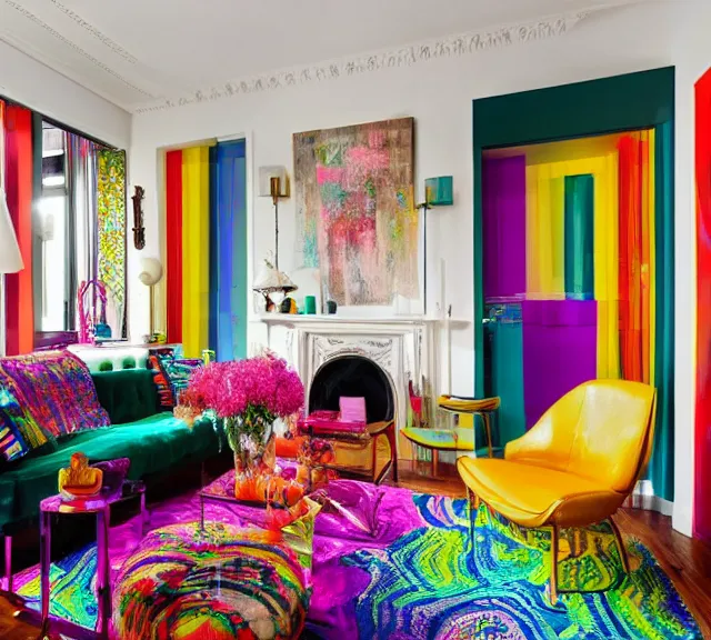 Prompt: apartment designed by nate berkus, vibrant psychedelic rainbow colors