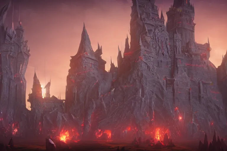 Image similar to big evil castle - city rock dark shadow elves, might and magic heroes vii, dark fantasy, shadows, artstation trending, unreal engine 5, red