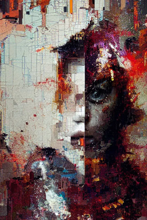 Image similar to a beautiful glitched painting by robert proch of a woman in a glitched bathroom, metal rust and plaster materials, pixel sorting, color bleeding, brushstrokes by jeremy mann, still life, dark colors