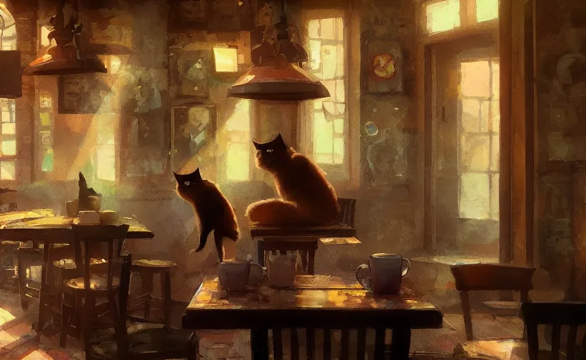 Image similar to a cat in a pub with beer, painting by craig mullins, octane rendering, soft morning lighting, wide angle lens, in the style of hayao miyazaki, trending on artstation,