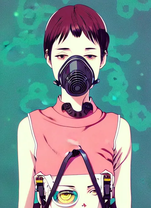 Prompt: singular girl with wearing gas mask, very anime!!! anime!! intricate details, aesthetically pleasing pastel colors, poster background, art by conrad roset and ilya kuvshinov