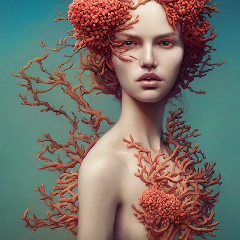 Image similar to portrait of beautiful!! woman with coral!! reef hair. soft light painted by james jean and moebius!!! and erik jones, inspired by mary jane ansell, smooth face feature, intricate oil painting, high detail 3 d render, sharp high detail