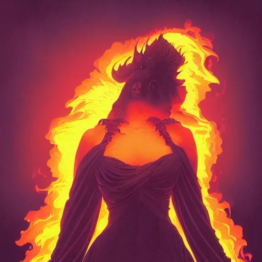 Image similar to a gargoyle in silhouette wearing a flowing gown made of fire, engulfed in a whirling fire tornado firestorm, emitting smoke and sparks, fantasy, cinematic, fine details by realistic shaded lighting poster by ilya kuvshinov katsuhiro otomo, magali villeneuve, artgerm, jeremy lipkin and michael garmash and rob rey