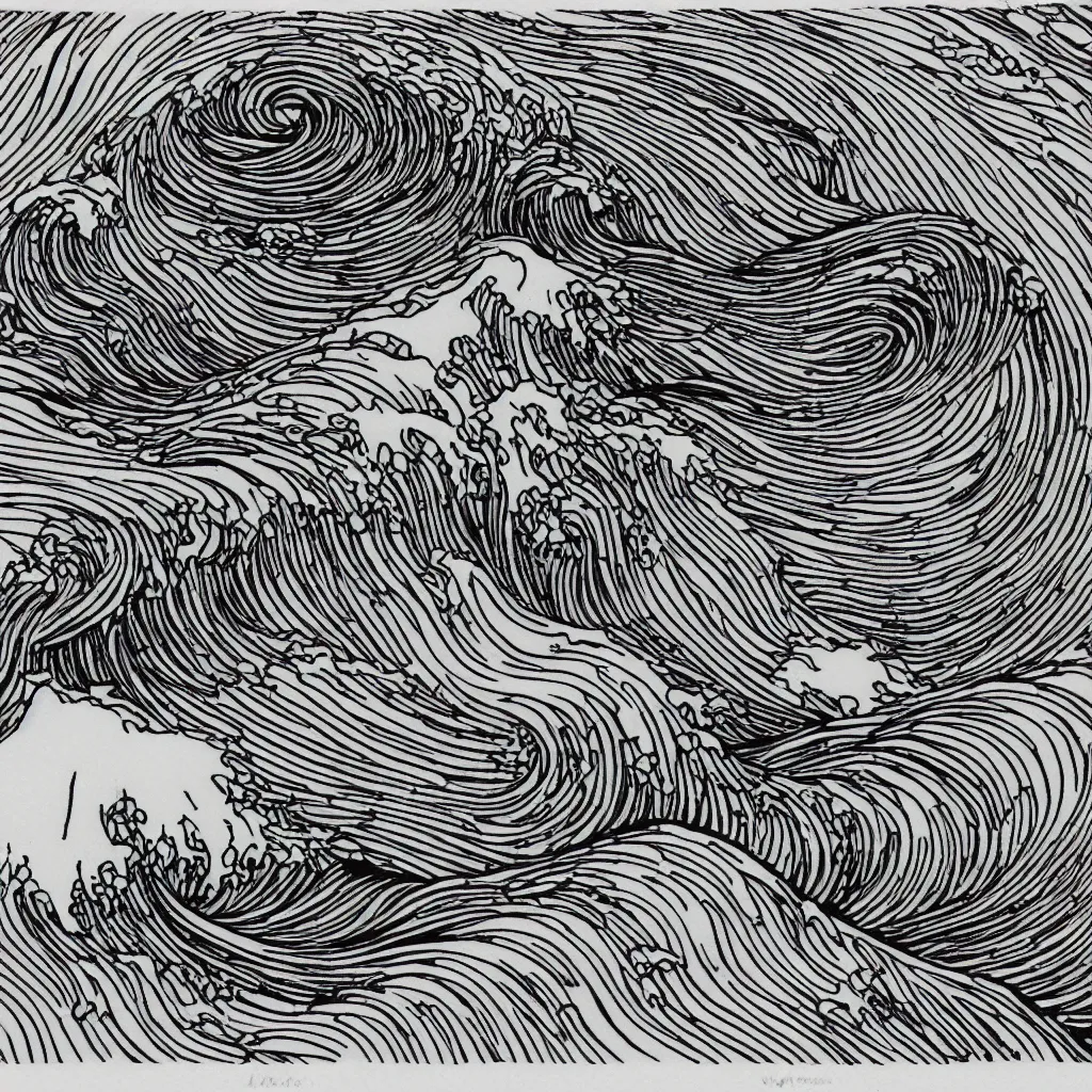 Prompt: mountain and wave black and white lineart, hokusai style