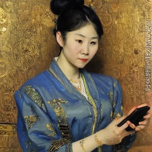 Image similar to portrait of asian beautiful woman with smartphone masterpiece painting by vasnetsov and surikov, JEAN-VICTOR BERTIN, by Terence Cuneo, detailed, t artfully traced