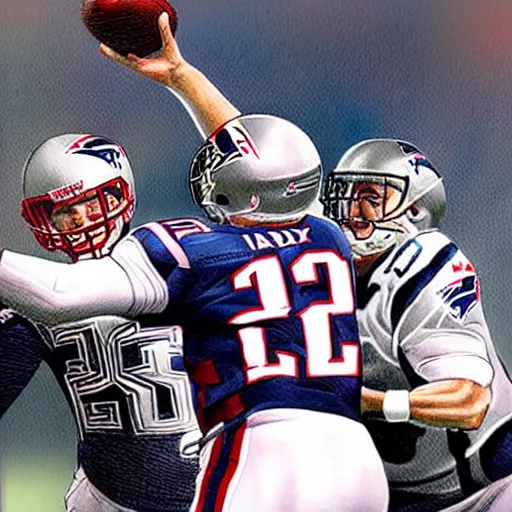 Prompt: Dark fantasy painting of quarterback Tom Brady being decapitated by a vicious tackle from a linebacker