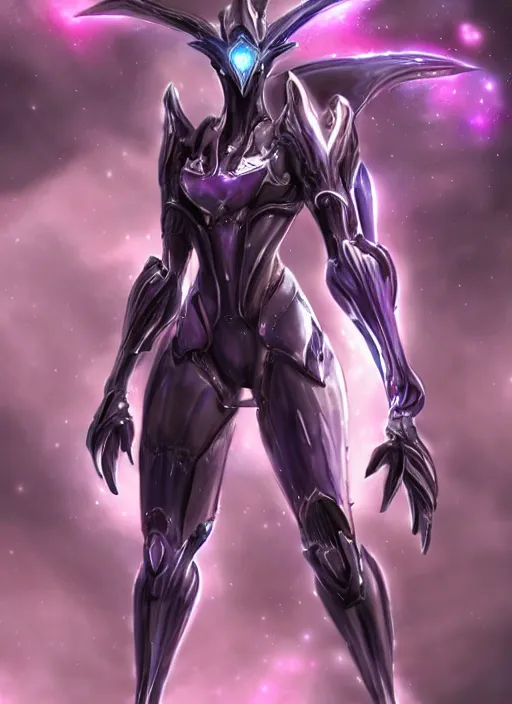 Image similar to cinematic close shot, galactic sized goddess, proportional stunning beautiful hot female warframe, sleek mecha female dragon head, metal ears, led purple eyes, smooth fuschia skin, smooth silver armor, floating in space, holding a galaxy, epic proportions, epic size, epic scale, furry art, dragon art, giantess art, warframe fanart, furaffinity, octane