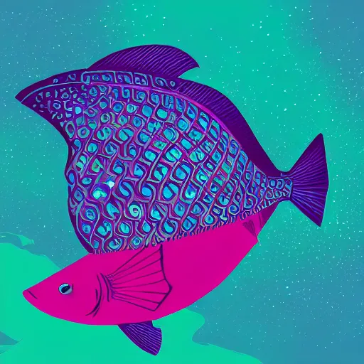 Image similar to one stylized fish with saturated colors viewed in profile in the dark ocean filled with complex sparkles and patterns, artstation, intricate, realistic, highly detailed, digital painting, concept art, sharp focus, 1 9 6 0 s, illustration by tom whalen and charles williams and kilian eng and james jean