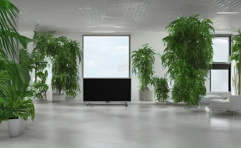 Image similar to empty room brutalist interior, big tv screen in the middle, tropical indoor plants, open shiny floor, v - ray render, high contras