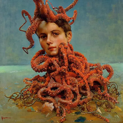 Image similar to a sculpture portrait made of seaweed and coral and shells and octopus, painting part by wojciech siudmak, part by ilya repin, part by max ernst, part by norman rockwell, artstation