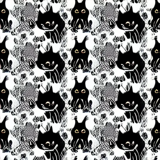 Prompt: seamless pattern showing black cats. black and white, drawing, white background, seamless, ornament.