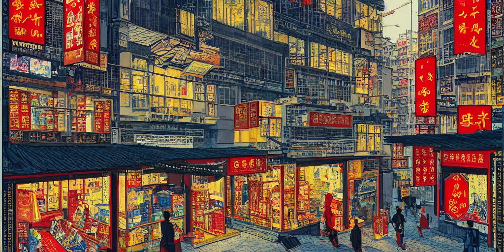 Prompt: a window view onto a street of shops in hong kong, by dan mumford and peter doig and edward hopper, minimal, black in, thick lines highly detailed, muted colours, overlaid with chinese adverts, 8 k