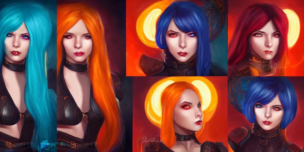 Image similar to triptych of youthful female feminine tiefling female bard with long bob cut blue hairstyle, her skin is tangerine, she has immaculate skin and pure black eyes and is wearing colorful leather armor by rossdraws,