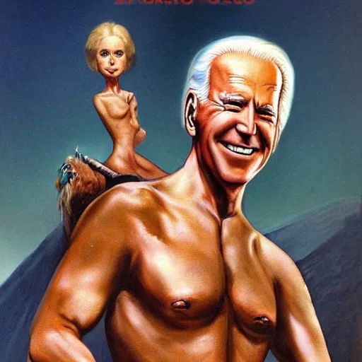 Prompt: science fiction boris vallejo portrait of joe biden wearing monokini in the movie zardoz