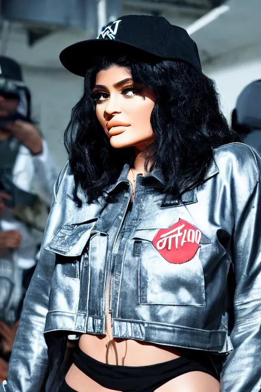 Prompt: kylie Jenner dressed as eazy e, open shirt highly detailed, wide shot, intricate, fearful, mystical, sharp focus, Trending on Artstation HQ, deviantart, unreal engine 5, 4K UHD image