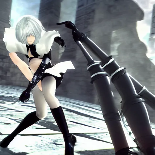 Prompt: photo of 2b fighting kaine from nier