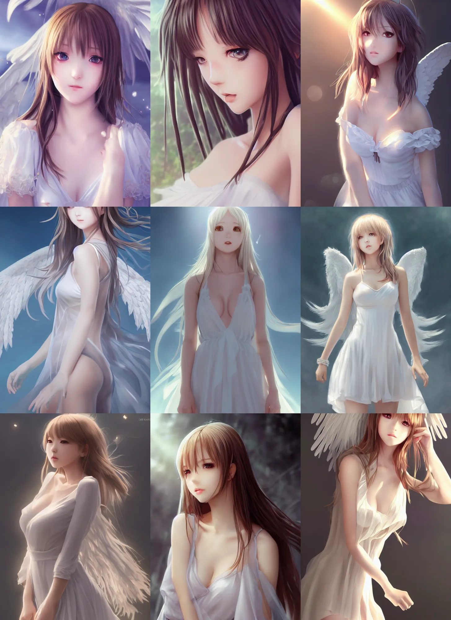 Prompt: detailed full body portrait of innocent angel, anime, sheer dress, beautiful, pretty face, white eyes, curvaceous, dreamy aesthetic, 4 k, sun yunjoo, ultra realistic, aura of light, cinematic lighting, highly detailed, sharp focus, artstation, masterpiece, art by hyungjin yang