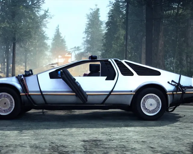 Image similar to new concept for a delorean, cinematic, photoreal, by red dead redemption 2